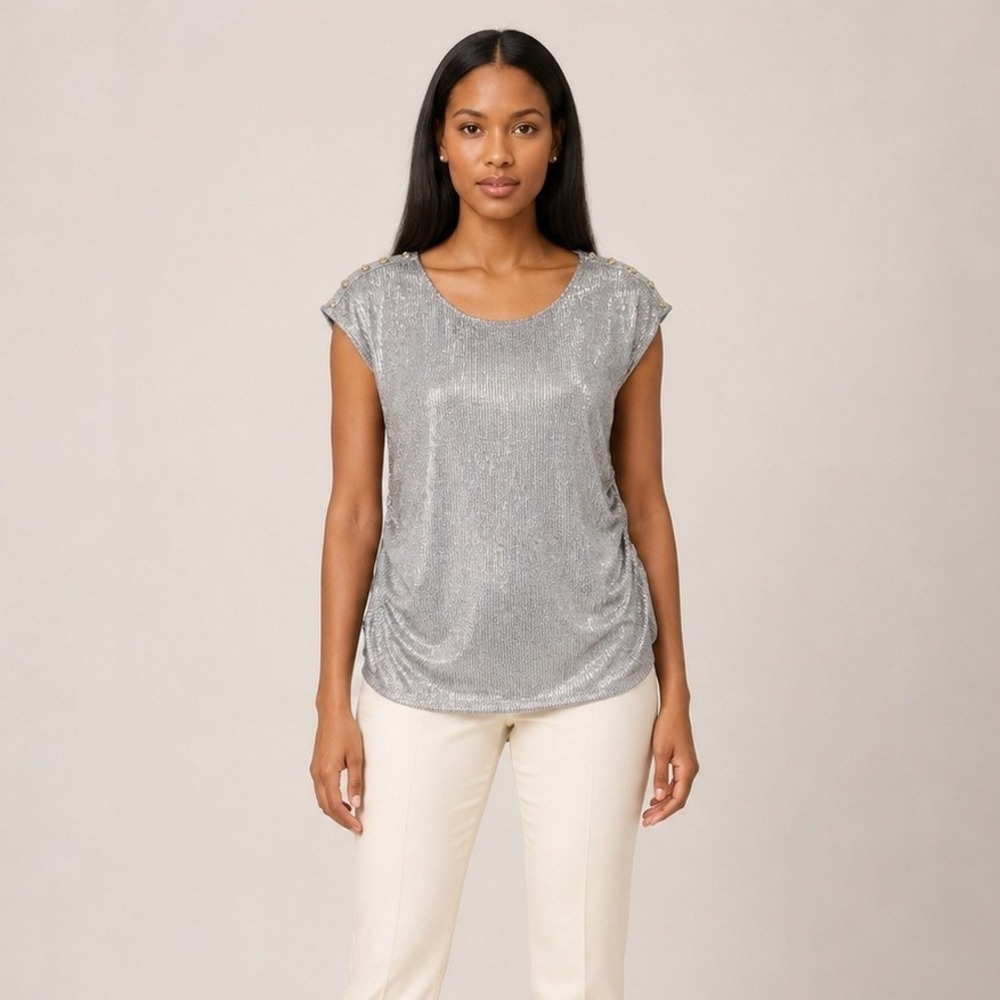 Calvin Klein Top Womens XL Silver Metallic Ribbed Ruched Shoulder Button Blouse